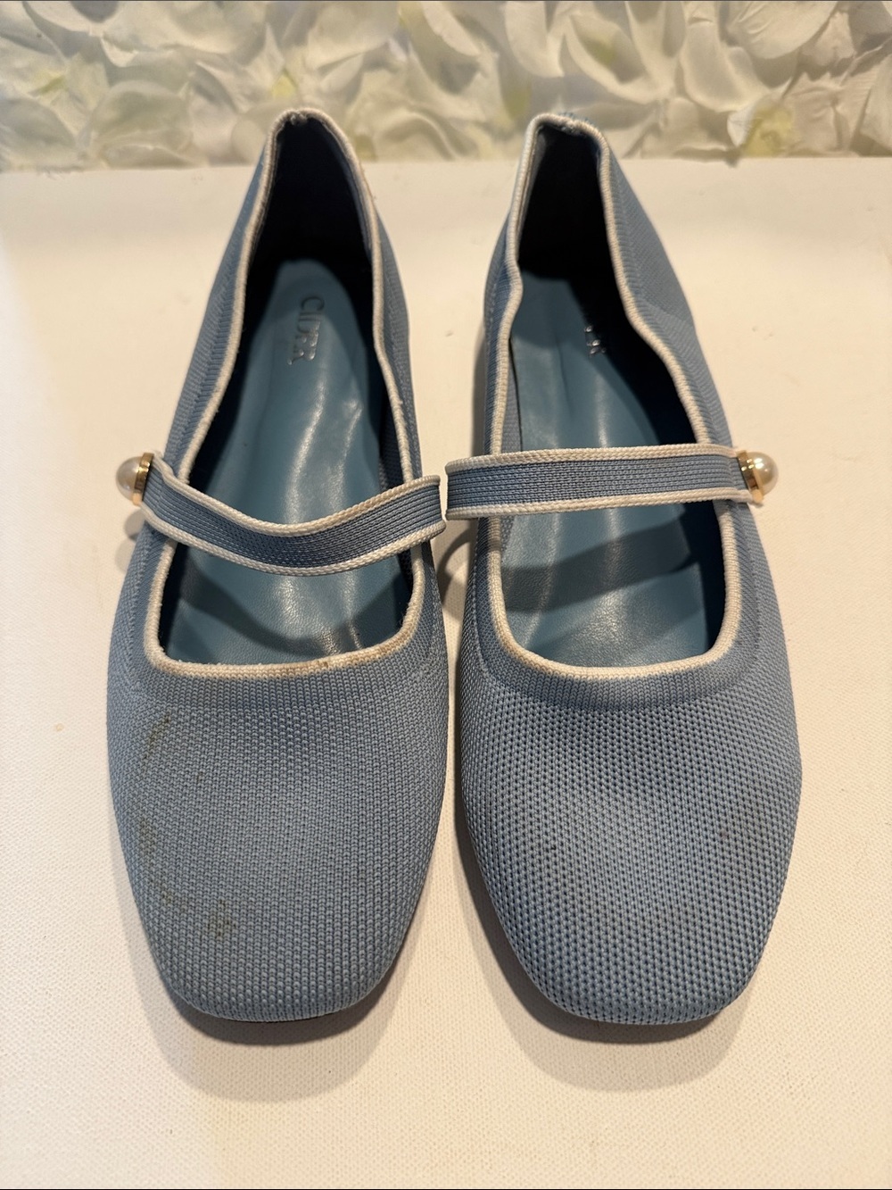 Cider Light Blue Mary Jane Flats with Cream Trim and Pearl Strap
